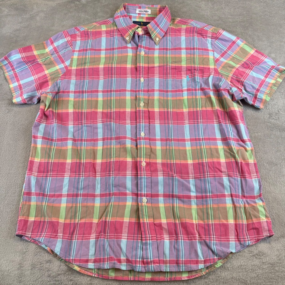 Ralph Lauren Indian Madras Plaid Short Sleeve Button‎ Down Shirt XL